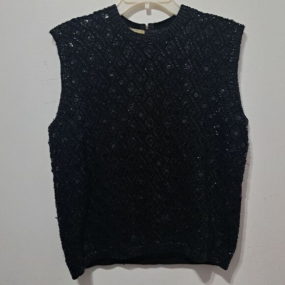 Vintage Cyn Les Wool Hand Beaded Sequin Sleeveless Top Size 40 Black - Picture 13 of 17
